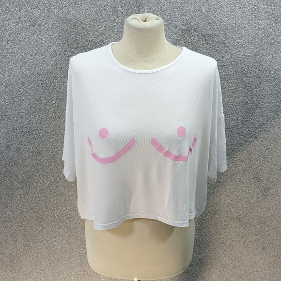 PrettyLittleThing Tops - PLT X COPPAFEEL WHITE JERSEY TOP OVERSIZED BOOB PRINT Y2K UK 12-16